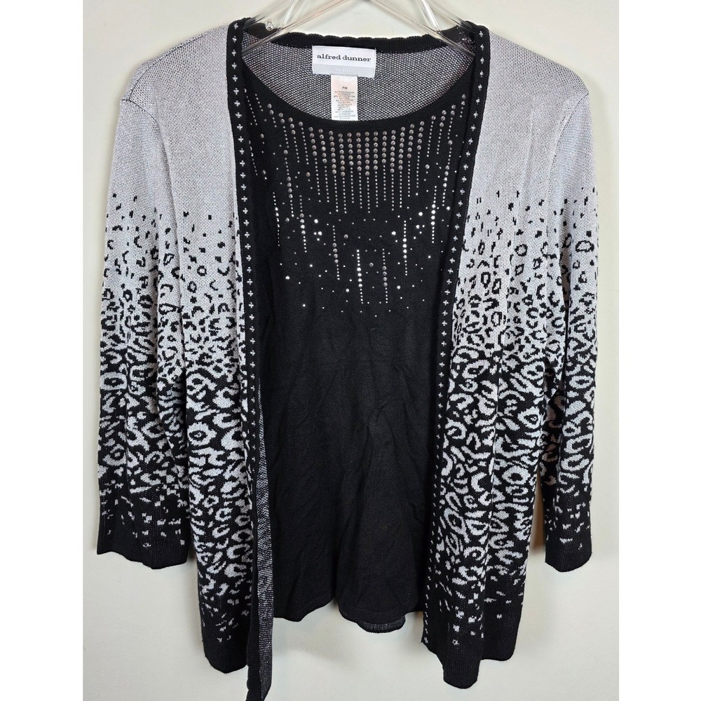 Alfred‎ Dunner Women PM Leopard Print Rhinestone Embellished Cardigan Sweater